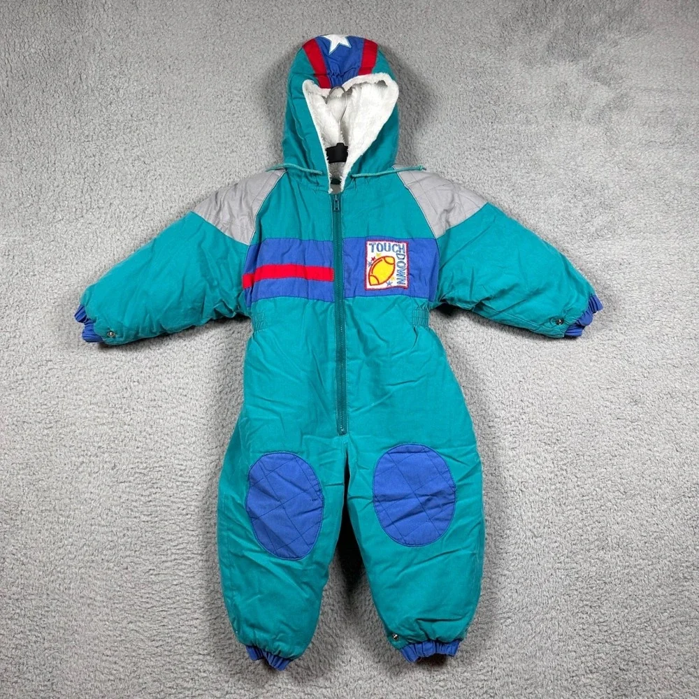 Vintage North Crest Kids 24M‎ Snowsuit Ski Winter One Piece Football Teal Blue